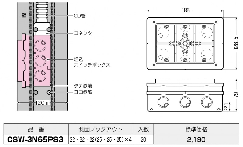 埋込スイッチボックス3個用大深形 CSW-3N | 配管部品の通販店の